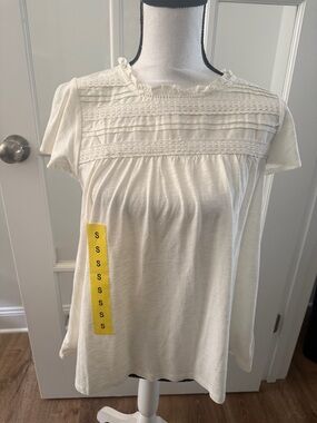 NWT Ella Moss Women’s Cream Short Sleeve Lace Yoke Top, Size Small